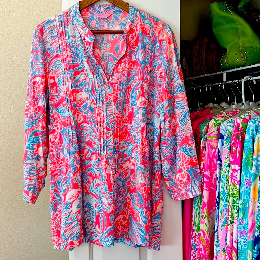 Lilly Pulitzer Coral, Pink & Light Blue Printed Tunic Top